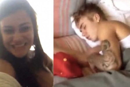 Duas fotos, tati neves sorrindo e uma outra do cantor Justin Bieber dormindo no motel.